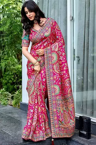 Pink paisley embroidered designer saree