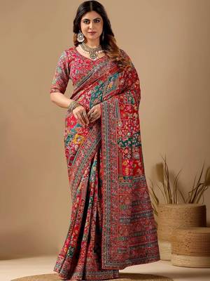 Red floral embroidered silk blend designer banarasi saree 1
