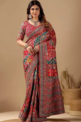 Red floral embroidered silk blend designer banarasi saree