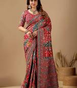Red floral embroidered silk blend designer banarasi saree