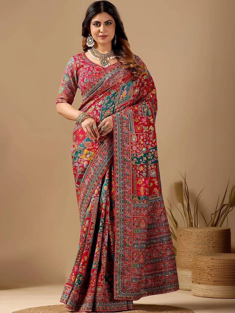 Red floral embroidered silk blend designer banarasi saree