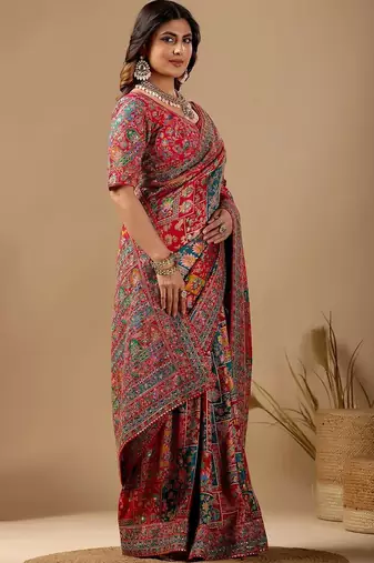 Red floral embroidered silk blend designer banarasi saree