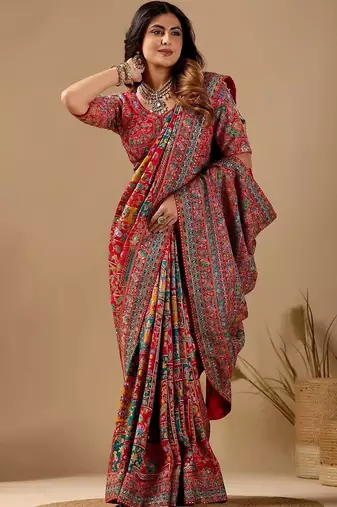 Red floral embroidered silk blend designer banarasi saree