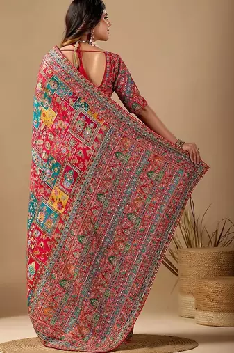 Red floral embroidered silk blend designer banarasi saree