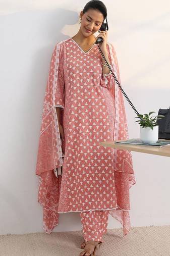 women ethnic motifs printed regular kurta with trousers & with dupatta
