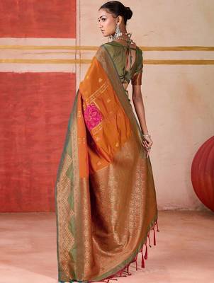 Orange ethnic motifs woven design zari pochampally saree 2