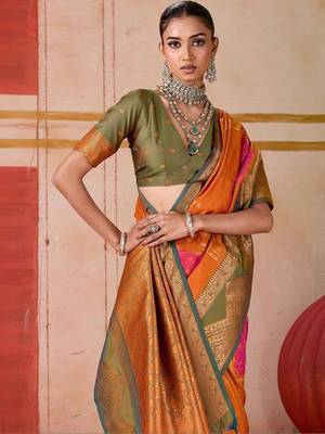 Orange ethnic motifs woven design zari pochampally saree 3