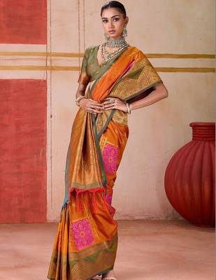Orange ethnic motifs woven design zari pochampally saree 4