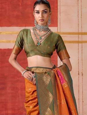 Orange ethnic motifs woven design zari pochampally saree 5