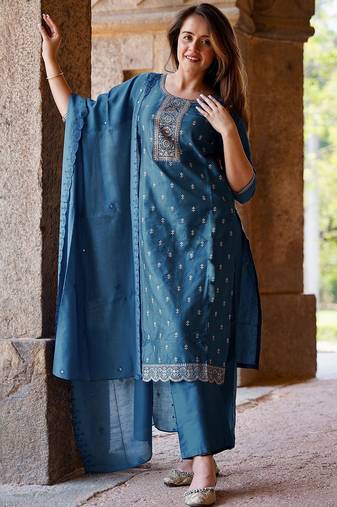 floral embroidered straight sequinned kurta with trousers & dupatta