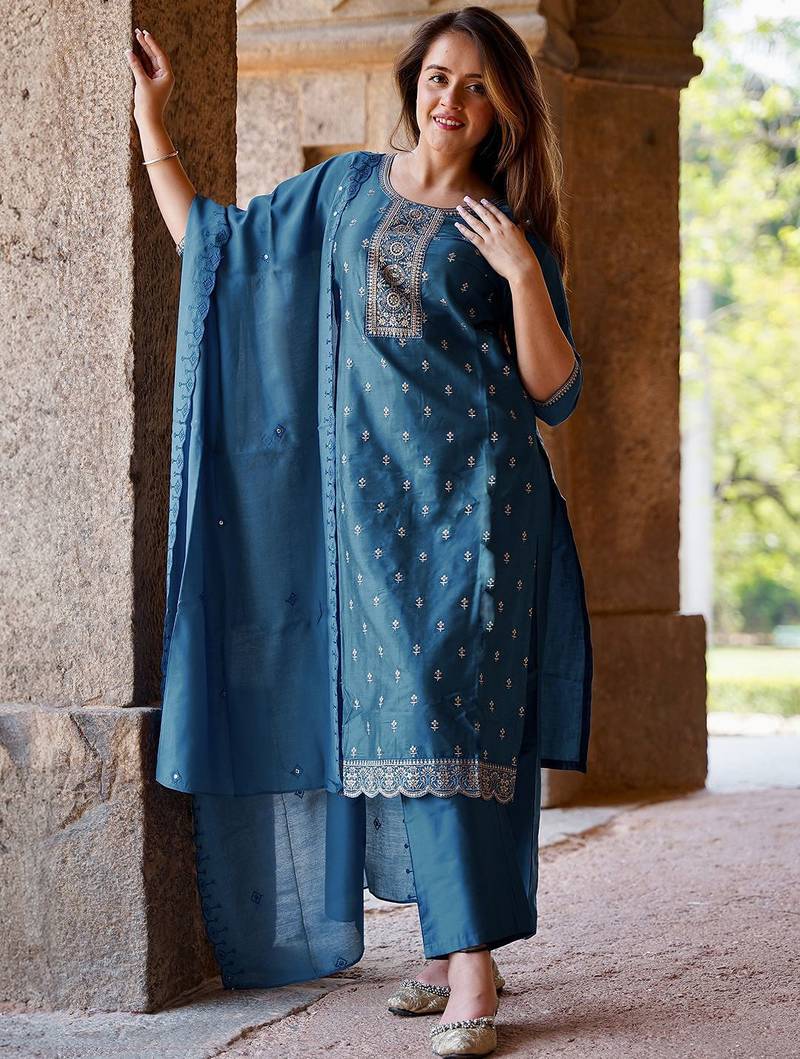 floral embroidered straight sequinned kurta with trousers & dupatta
