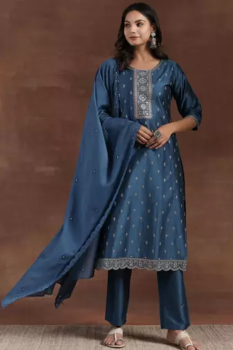 floral embroidered straight sequinned kurta with trousers & dupatta