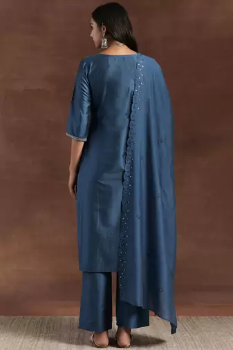 floral embroidered straight sequinned kurta with trousers & dupatta