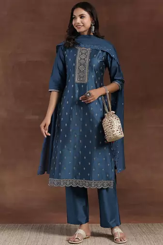 floral embroidered straight sequinned kurta with trousers & dupatta