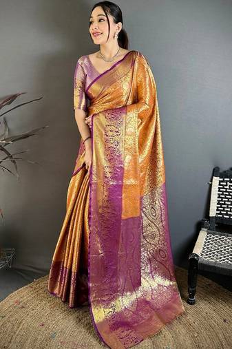 Gold woven design zari silk blend designer kanjeevaram saree