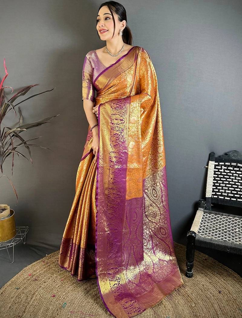 Gold woven design zari silk blend designer kanjeevaram saree