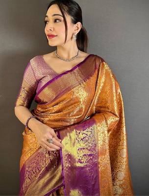 Gold woven design zari silk blend designer kanjeevaram saree 5