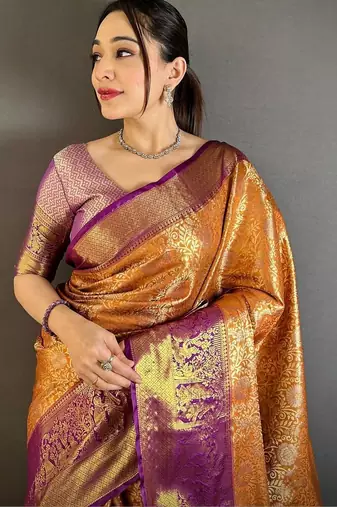 Gold woven design zari silk blend designer kanjeevaram saree