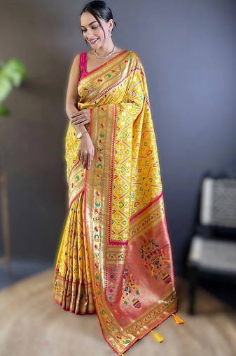 Yellow woven design zari silk blend designer patola saree