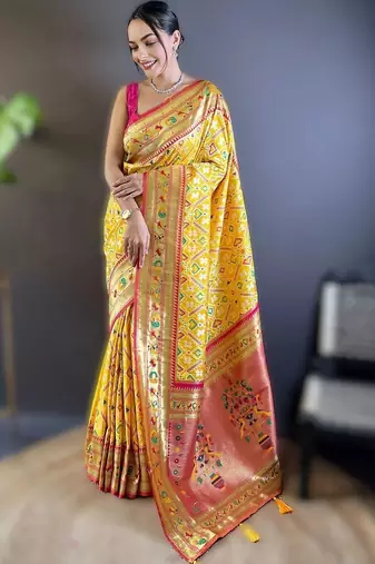 Yellow woven design zari silk blend designer patola saree