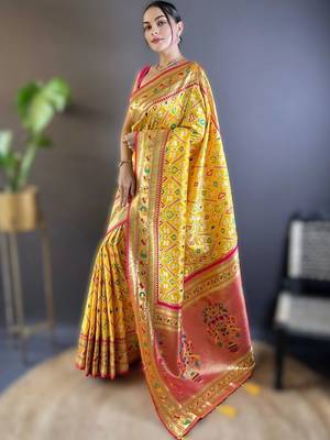 Yellow woven design zari silk blend designer patola saree 2