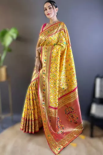 Yellow woven design zari silk blend designer patola saree