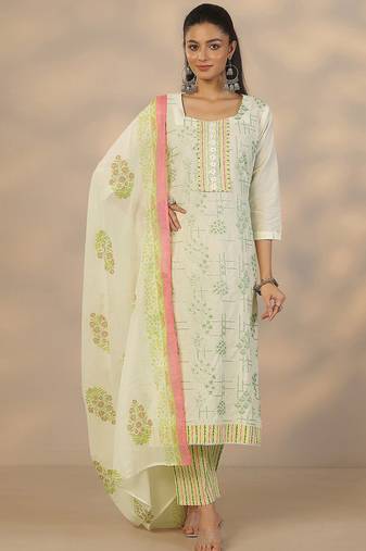 women ethnic motifs printed regular thread work kurta with trousers & with dupatta