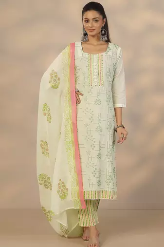 women ethnic motifs printed regular thread work kurta with trousers & with dupatta