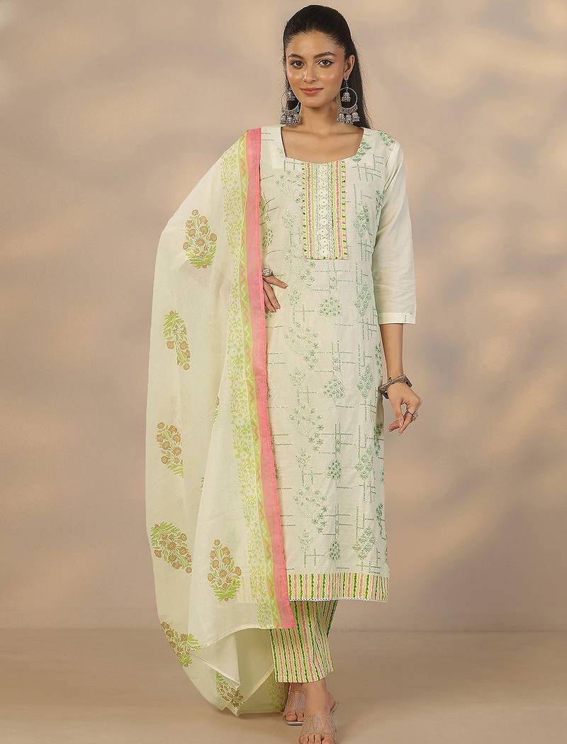 women ethnic motifs printed regular thread work kurta with trousers & with dupatta
