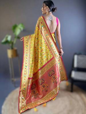Yellow woven design zari silk blend designer patola saree 3