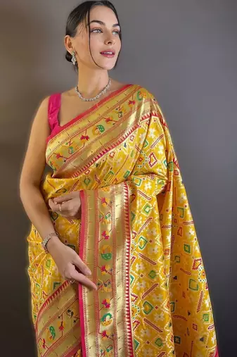 Yellow woven design zari silk blend designer patola saree