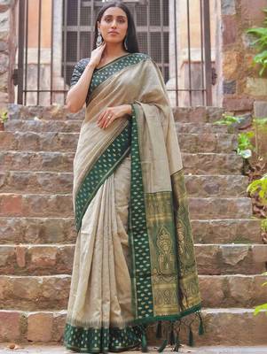 Beige woven design zari  cotton designer saree 1