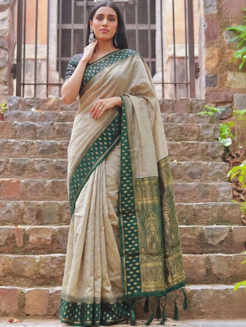 Beige woven design zari  cotton designer saree