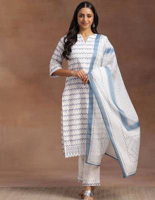 chevron embroidered regular thread work kurta with palazzos & dupatta 1