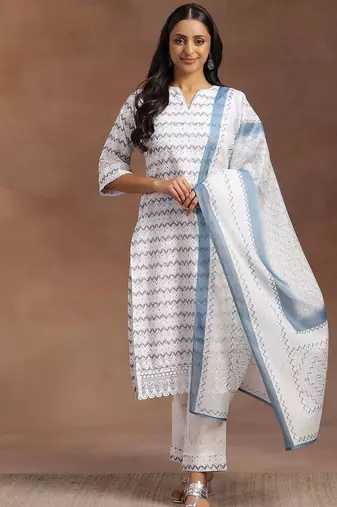 chevron embroidered regular thread work kurta with palazzos & dupatta