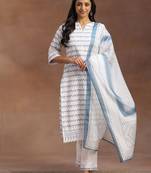 chevron embroidered regular thread work kurta with palazzos & dupatta
