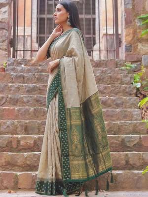 Beige woven design zari  cotton designer saree 2