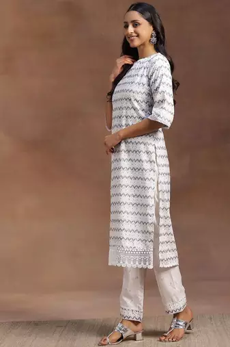chevron embroidered regular thread work kurta with palazzos & dupatta
