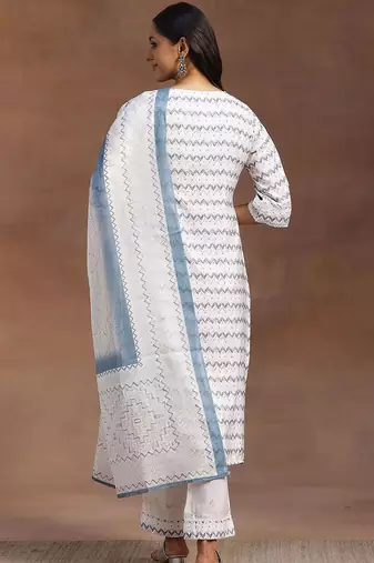 chevron embroidered regular thread work kurta with palazzos & dupatta