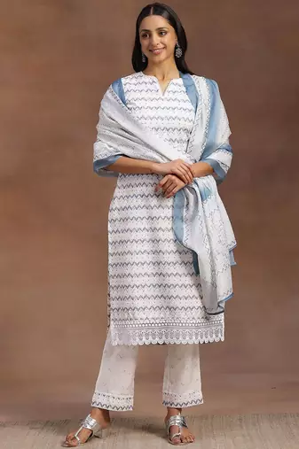 chevron embroidered regular thread work kurta with palazzos & dupatta