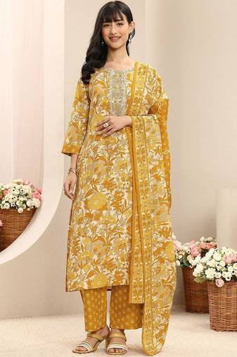 libas mustard floral printed straight suit set with dupatta