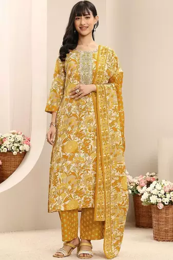 libas mustard floral printed straight suit set with dupatta