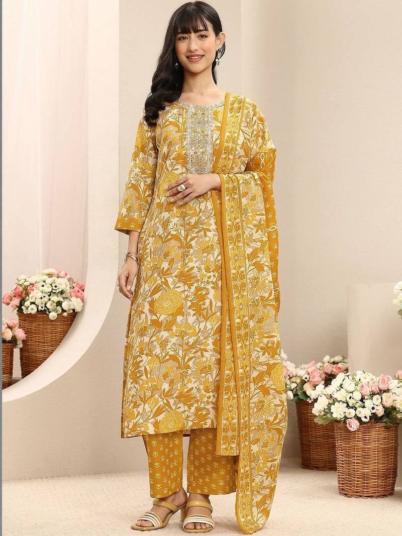 libas mustard floral printed straight suit set with dupatta
