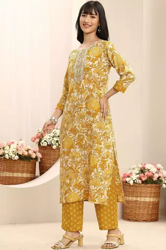 libas mustard floral printed straight suit set with dupatta