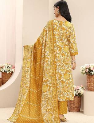 libas mustard floral printed straight suit set with dupatta 3