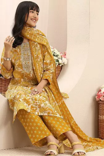 libas mustard floral printed straight suit set with dupatta