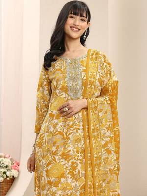 libas mustard floral printed straight suit set with dupatta 5