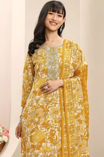 libas mustard floral printed straight suit set with dupatta