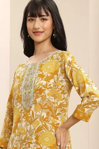 libas mustard floral printed straight suit set with dupatta