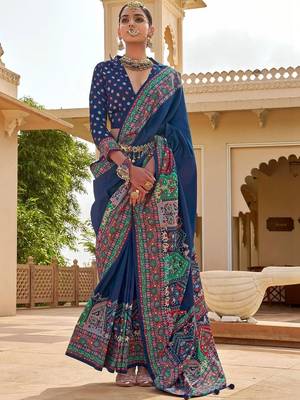 Navy blue paisley embroidered silk blend designer patola saree 1